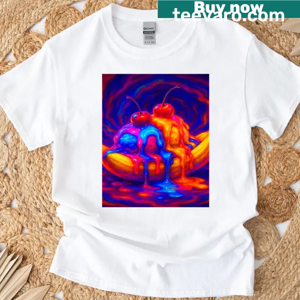Illustrative graphic t-shirt featuring a vibrant banana split dessert design.
