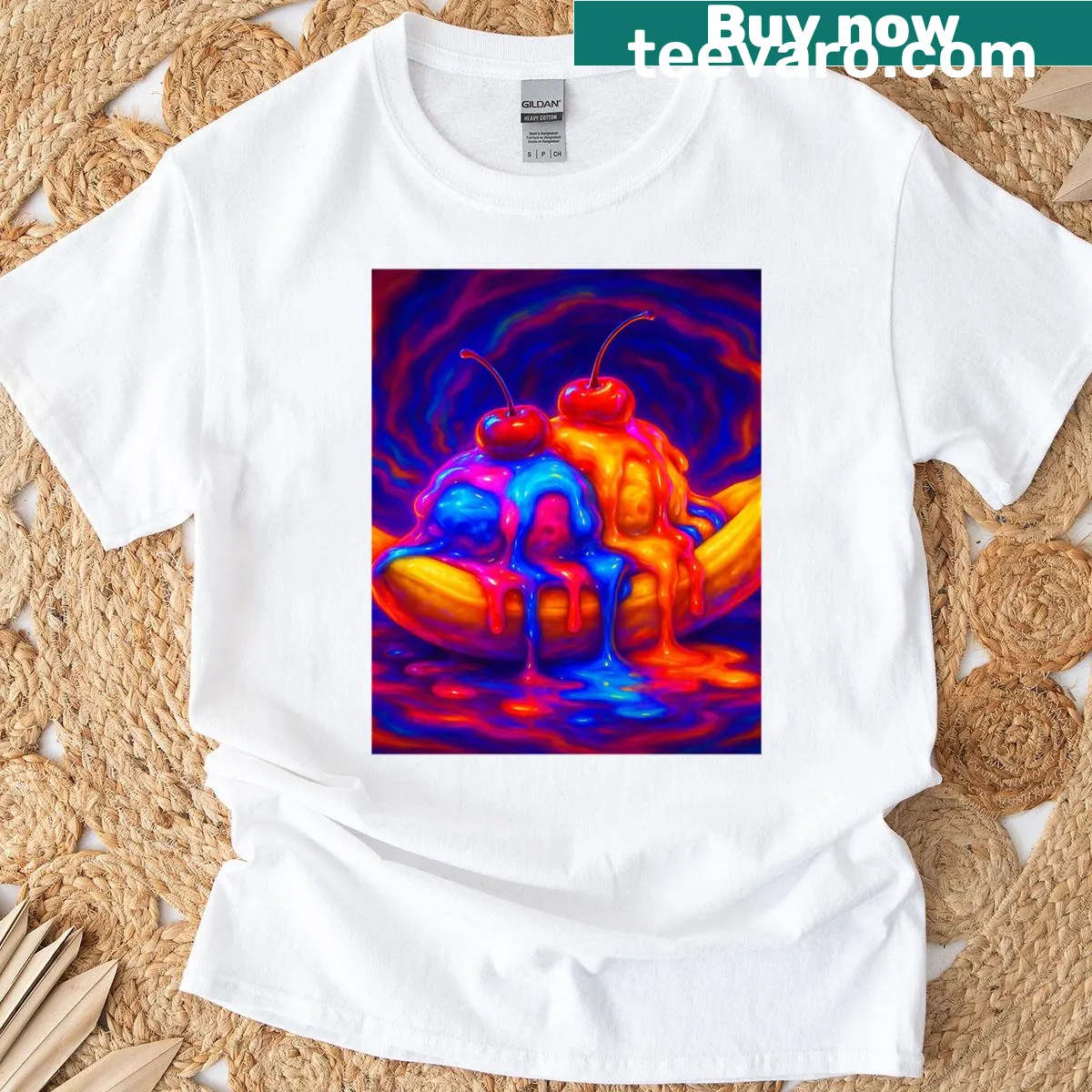 Illustrative graphic t-shirt featuring a vibrant banana split dessert design. — on a men's t-shirt