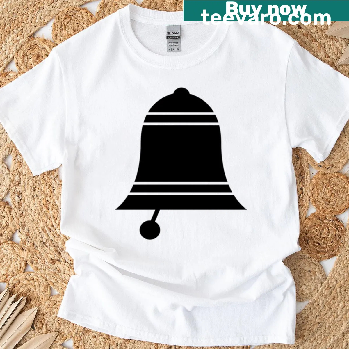 Whimsical T-shirt featuring a bell design — on a men's t-shirt
