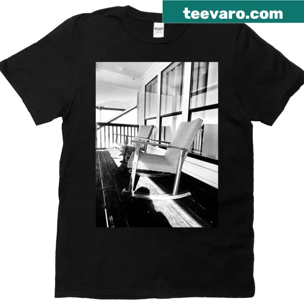 Black and white photography of a rocking chair on a T-shirt