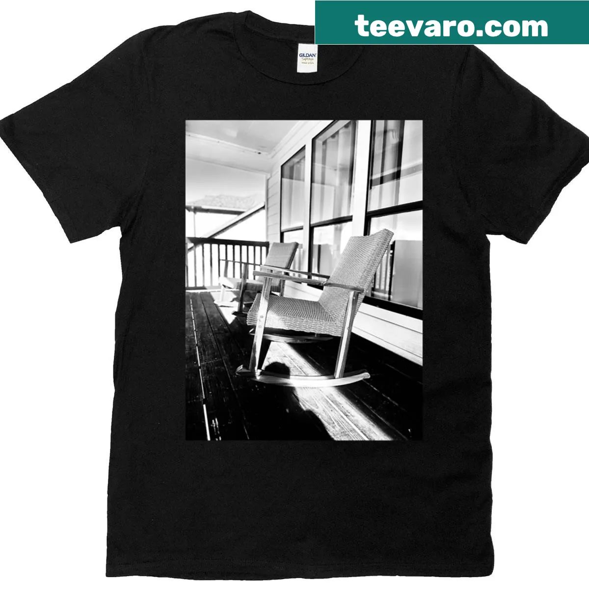 Black and white photography of a rocking chair on a T-shirt — on a men's t-shirt