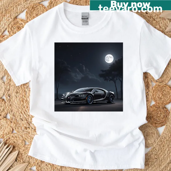 Illustration of a Bugatti Chiron under moonlight on an oversized t-shirt