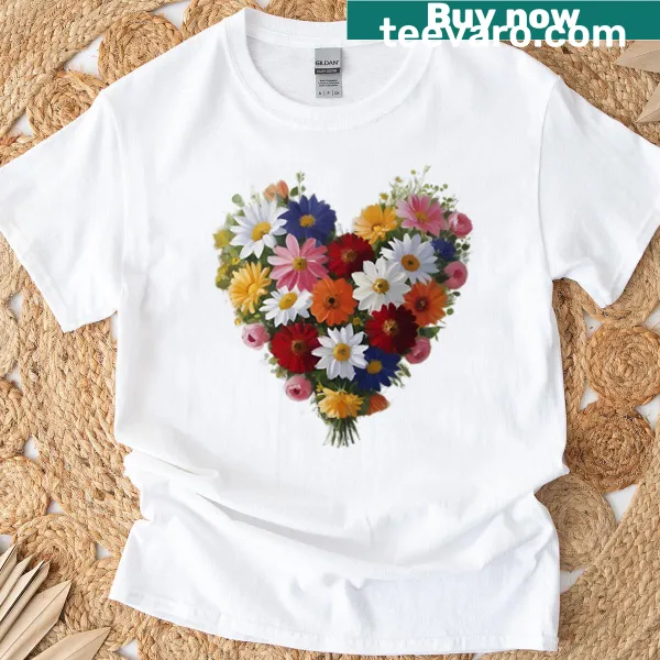 Illustrative t-shirt featuring a heart design surrounded by blooming flowers.