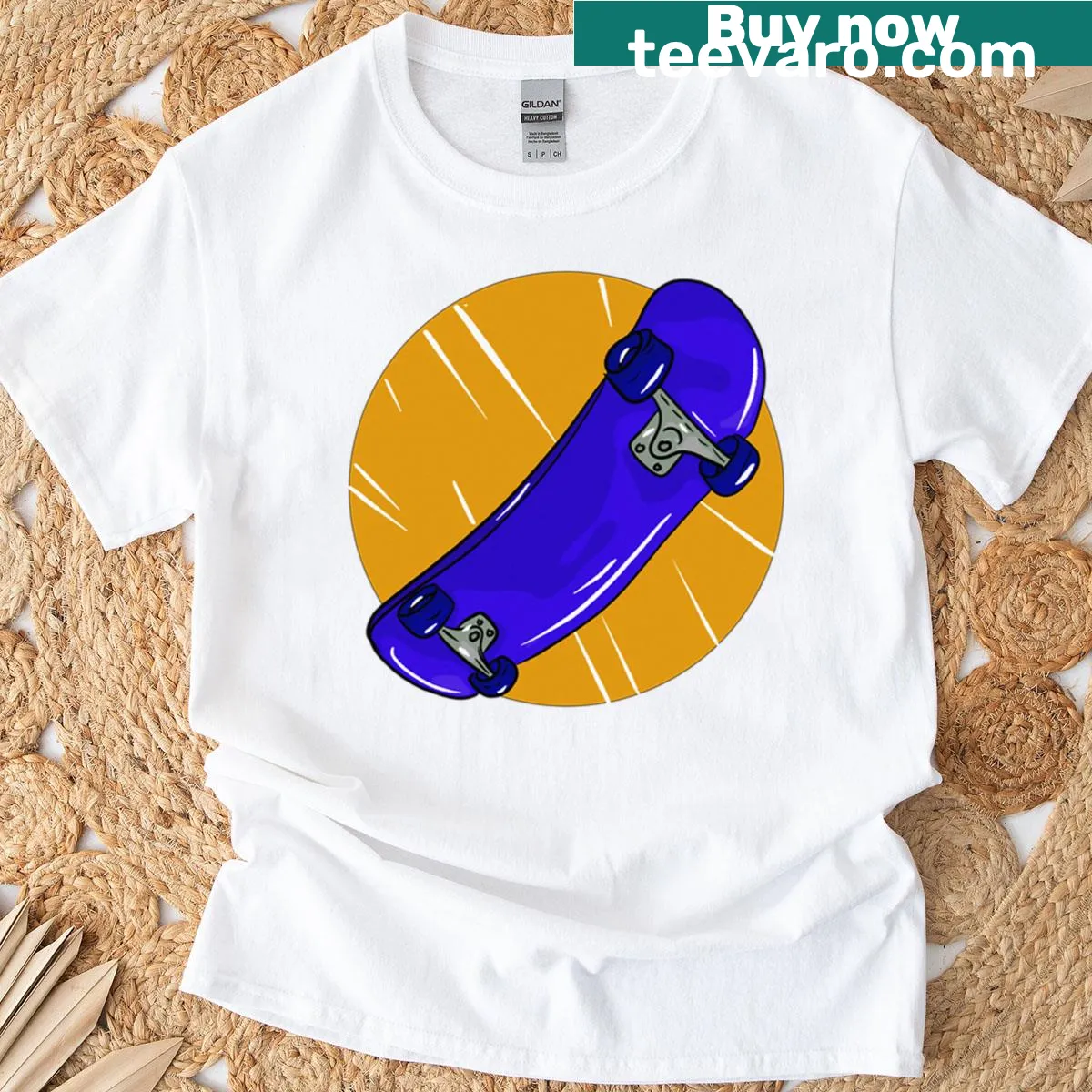 Graphic t-shirt featuring a skateboard design with yellow accents. — on a men's t-shirt