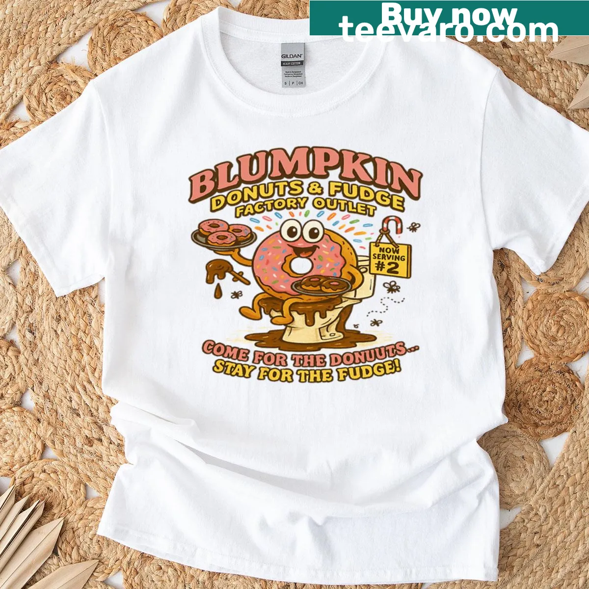 Cartoon graphic of Blumpkin Donuts on an oversized t-shirt — on a men's t-shirt