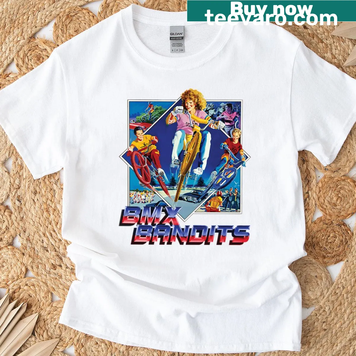Dynamic graphic of BMX bandits on a t-shirt — on a men's t-shirt