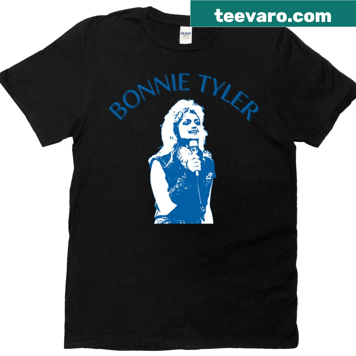 T-shirt featuring a graphic tribute to Bonnie Tyler, celebrating her music career. — on a men's t-shirt