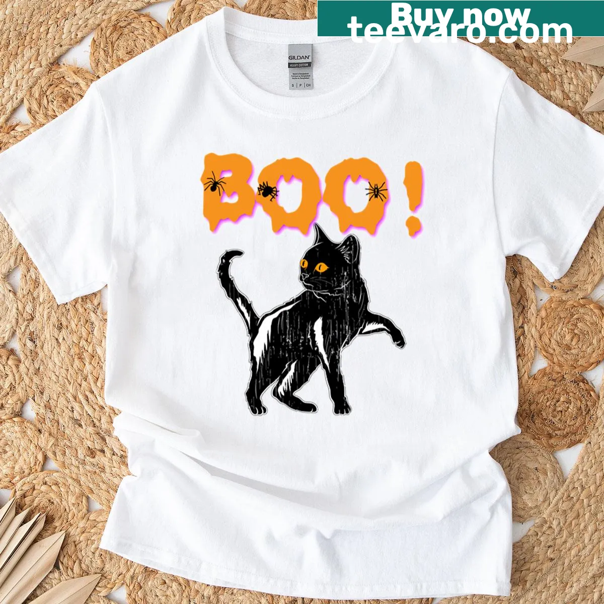 Whimsical black cat with pumpkin on Halloween tee — on a men's t-shirt