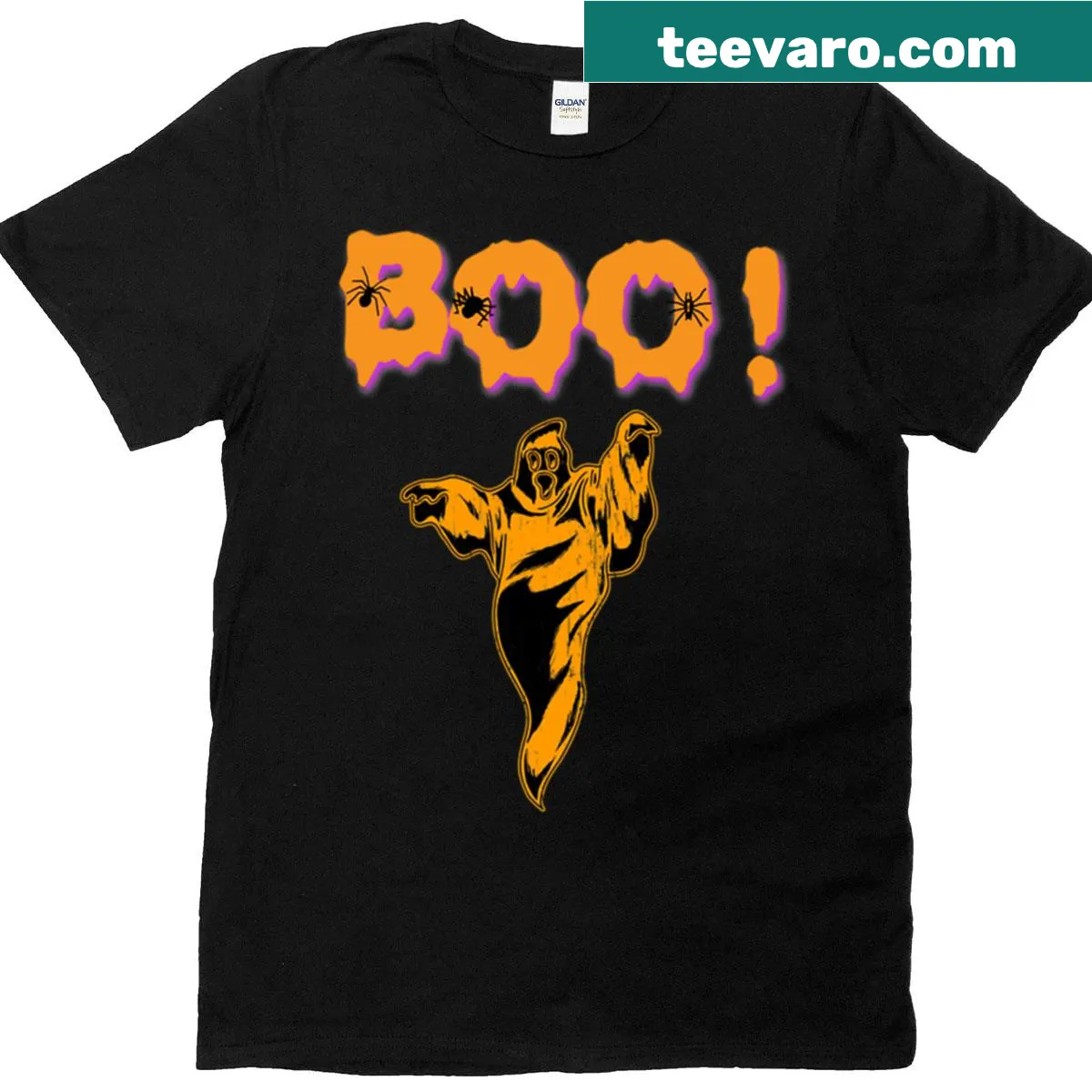 Cute ghost character saying 'Boo' for Halloween — on a men's t-shirt