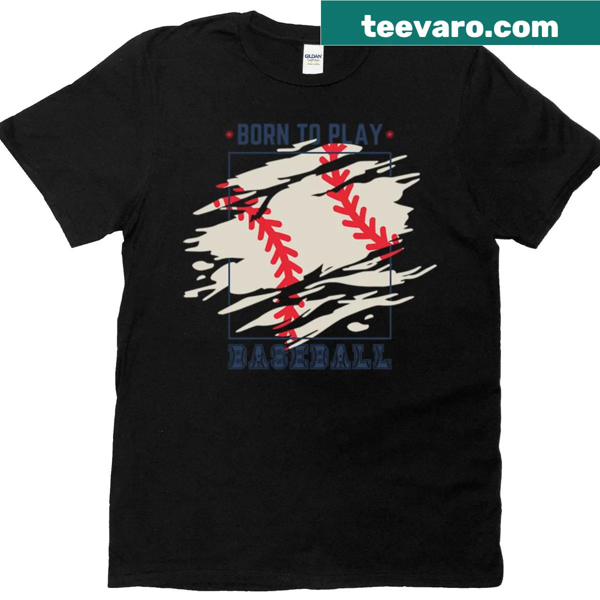 Bold typography t-shirt that says 'Born To Play Baseball' — on a men's t-shirt