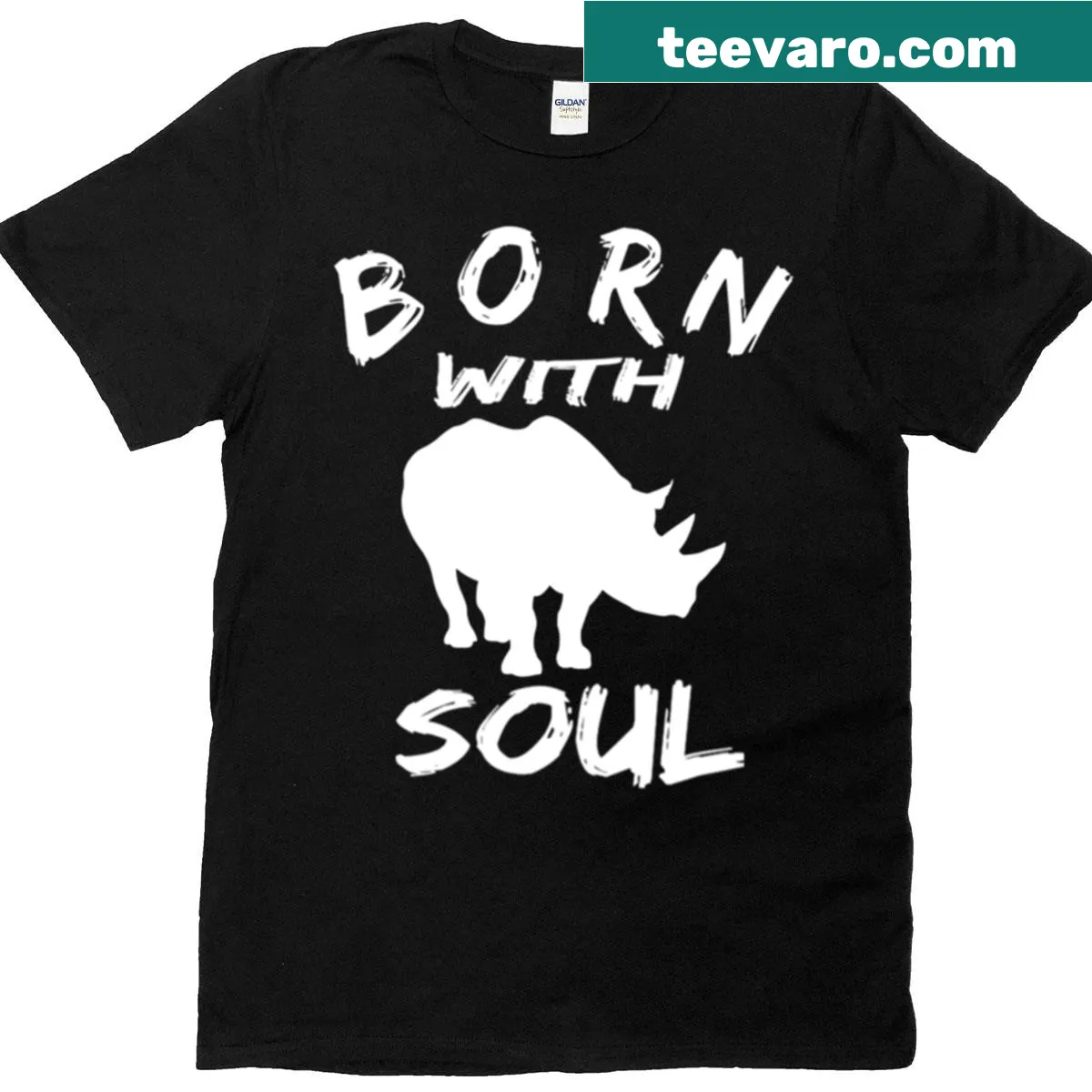 T-shirt featuring a rhino and the phrase 'Born With Rhino Soul' — on a men's t-shirt