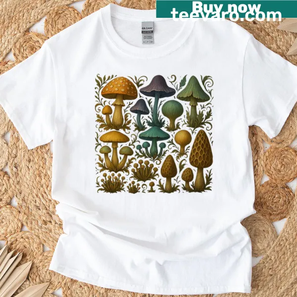Botanical illustrations of mushrooms on a t-shirt