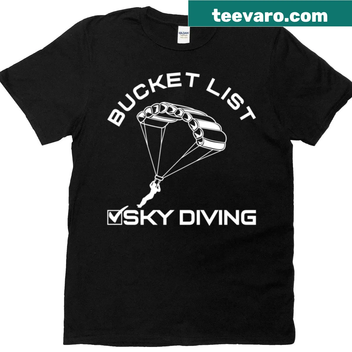 Illustration of a parachute with 'Bucket List' text — on a men's t-shirt
