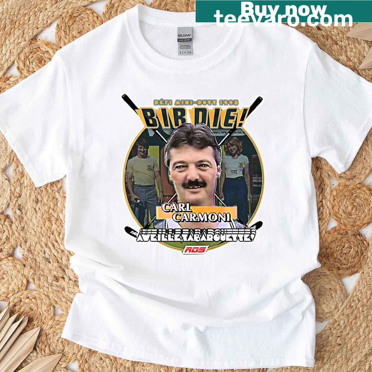 Cartoon bird illustration by Carl Carmoni on a t-shirt — on a men's t-shirt