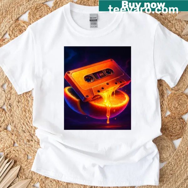 Surreal fruit juice art graphic featuring cassette tapes and citrus fruits