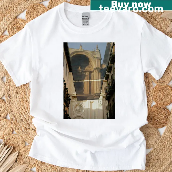 T-shirt featuring cathedral graphic illustrated through a veil