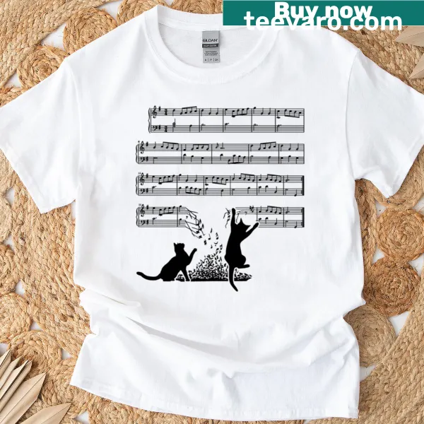 Whimsical cats playing with musical notes on a music sheet