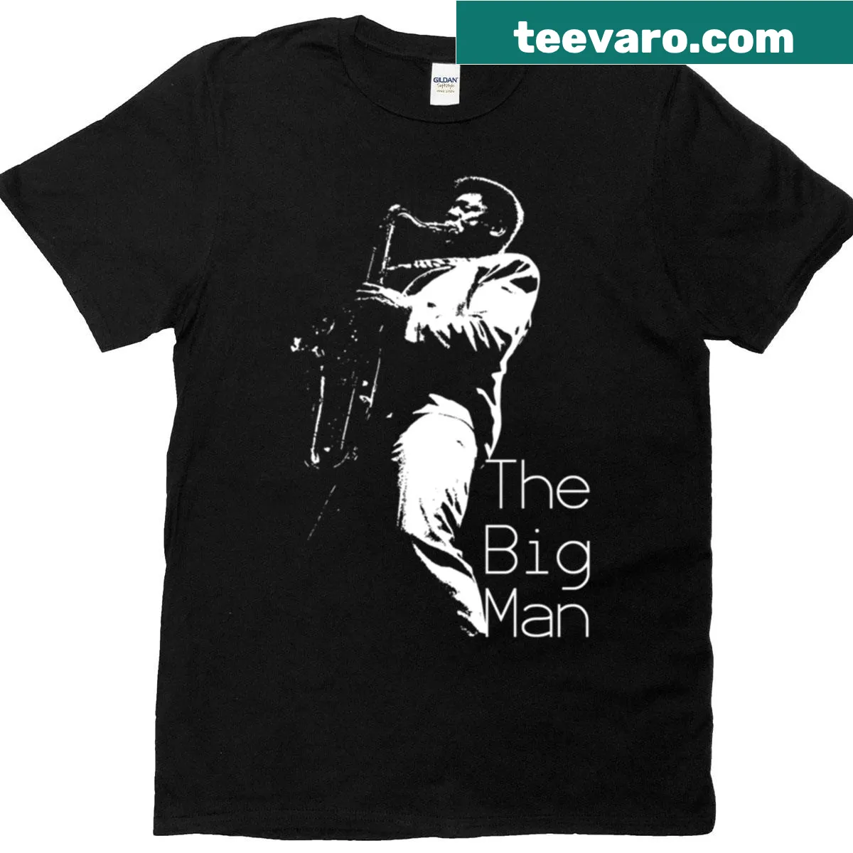 Illustration of Clarence Clemons performing on stage — on a men's t-shirt