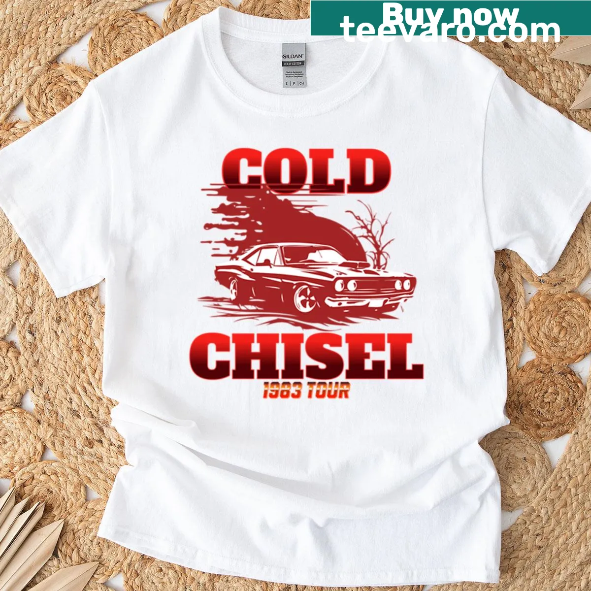 Cold Chisel tour design t-shirt with bold graphics and lettering — on a men's t-shirt