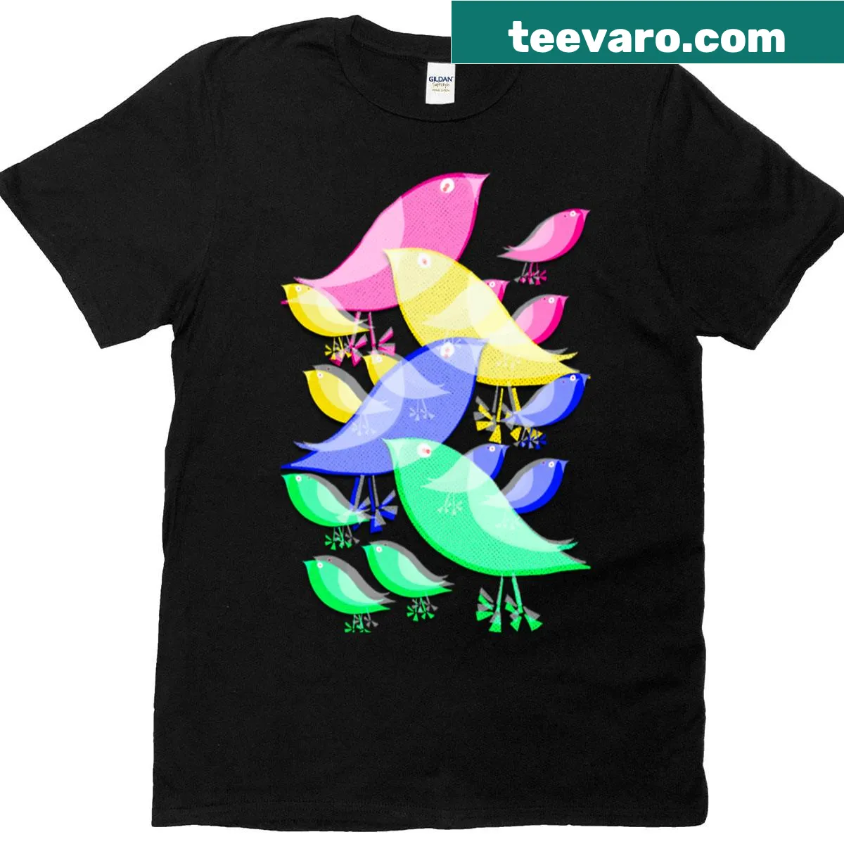 Playful bird illustration T-shirt in pop art style — on a men's t-shirt