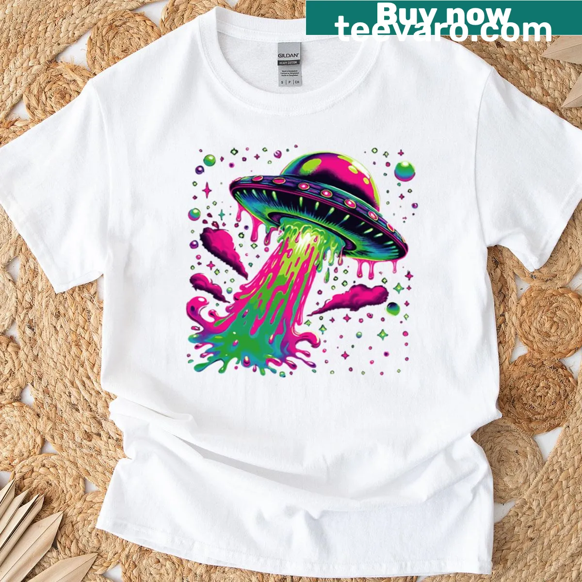 Whimsical UFO graphic on a t-shirt — on a men's t-shirt