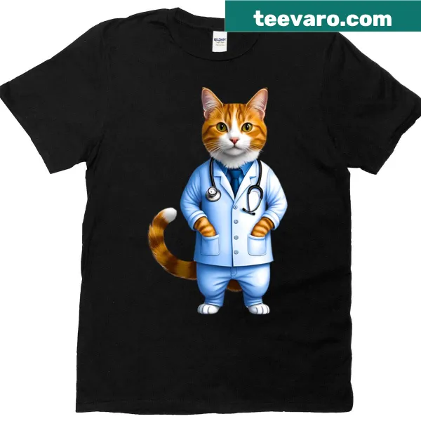 Orange tabby cat dressed as a doctor graphic on t-shirt
