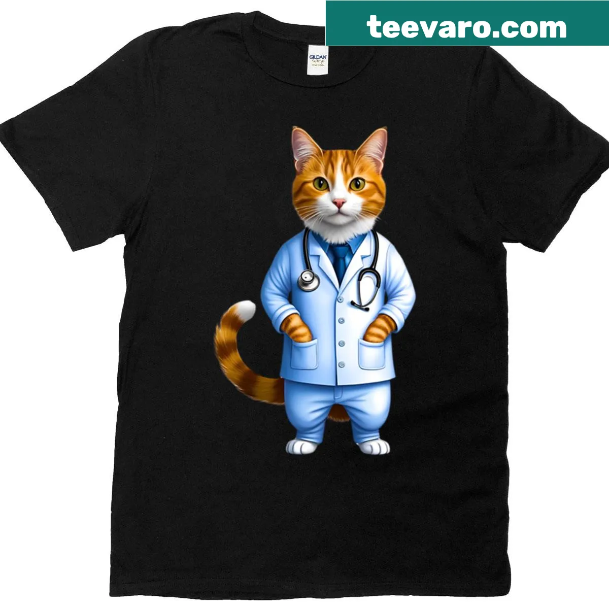 Orange tabby cat dressed as a doctor graphic on t-shirt — on a men's t-shirt