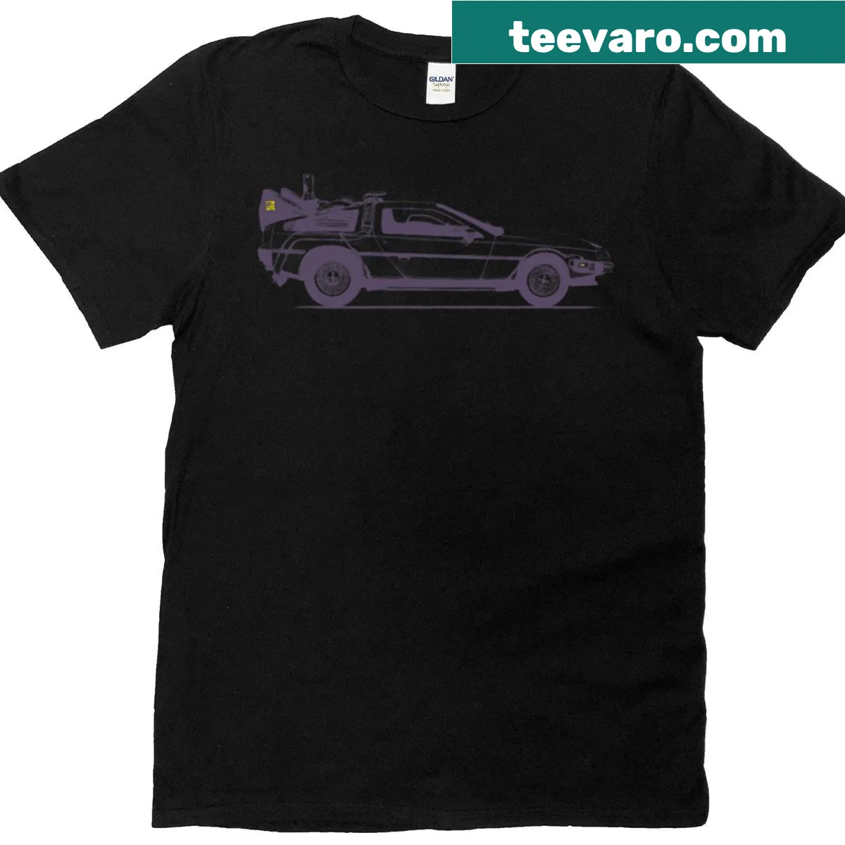 Minimalist silhouette of a Delorean on t-shirt — on a men's t-shirt