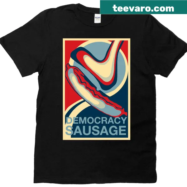 T-shirt with the text 'Democracy Sausage' in playful typography.