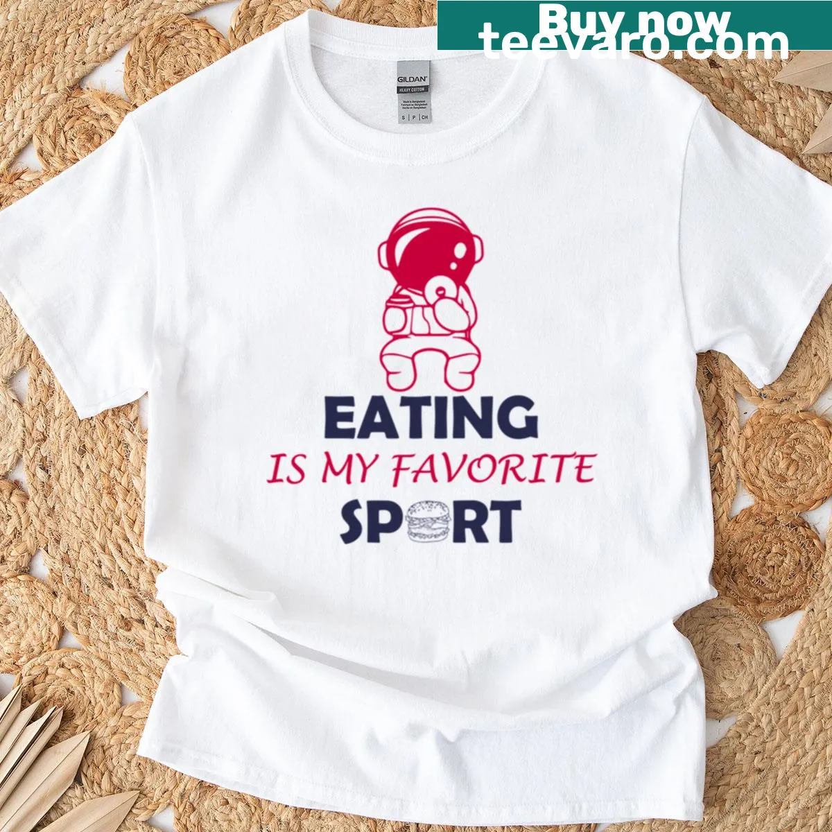 T-shirt with 'Eating Is My Favorite Sport' in bold text — on a men's t-shirt