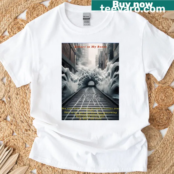 Thoughtful illustration on Echoes In My Bones t-shirt capturing music's essence