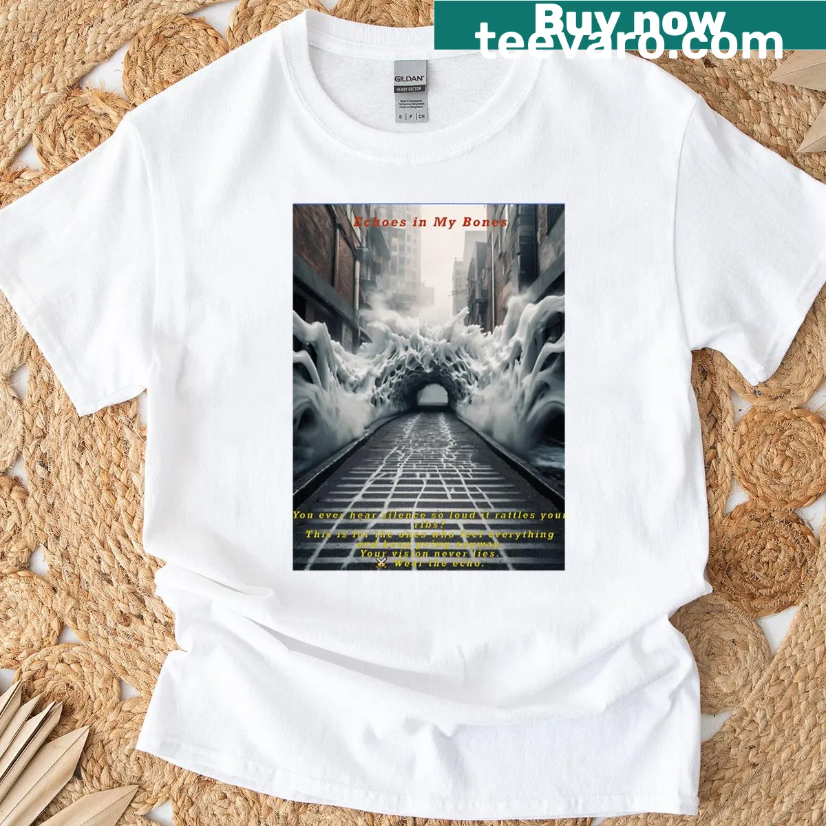 Thoughtful illustration on Echoes In My Bones t-shirt capturing music's essence — on a men's t-shirt