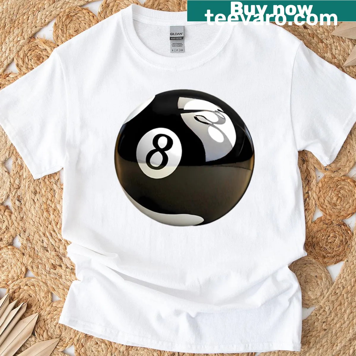 Illustration of an eight ball graphic on a billiards-themed T-shirt. — on a men's t-shirt