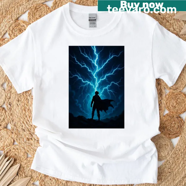 Silhouette of a hero in an electric storm on a T-shirt