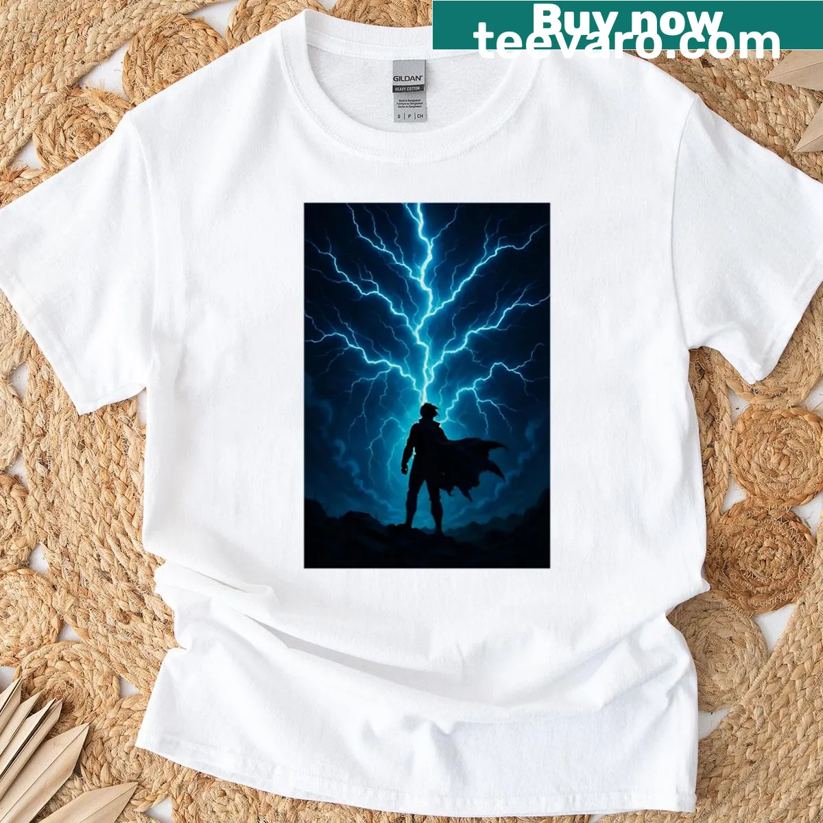 Silhouette of a hero in an electric storm on a T-shirt — on a men's t-shirt