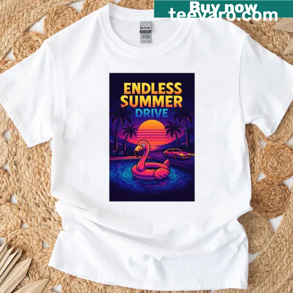 Retro car design on a t-shirt representing endless summer drives
