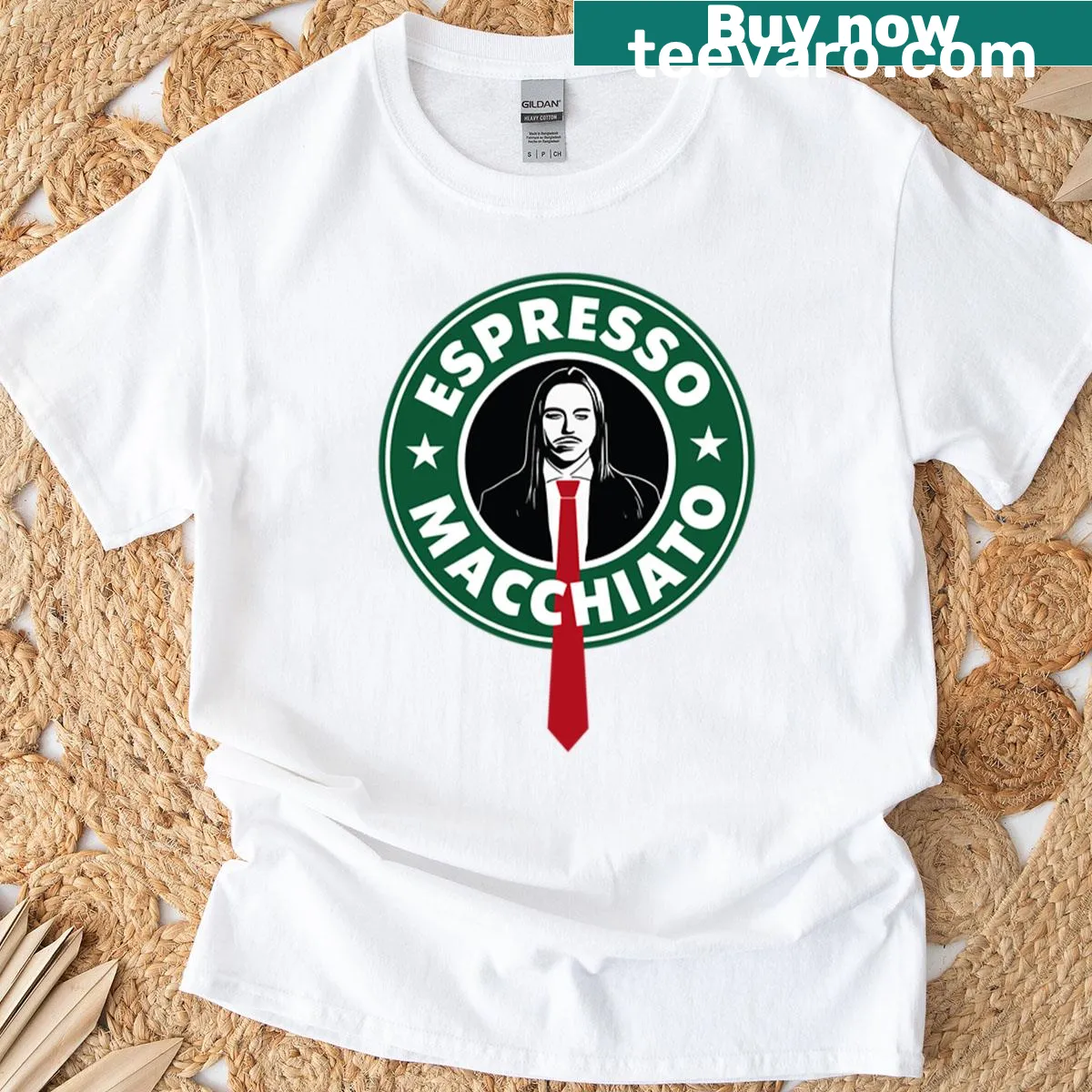 Illustrative T-shirt featuring an espresso macchiato referencing Tommy Cash and Eurovision 2025 — on a men's t-shirt