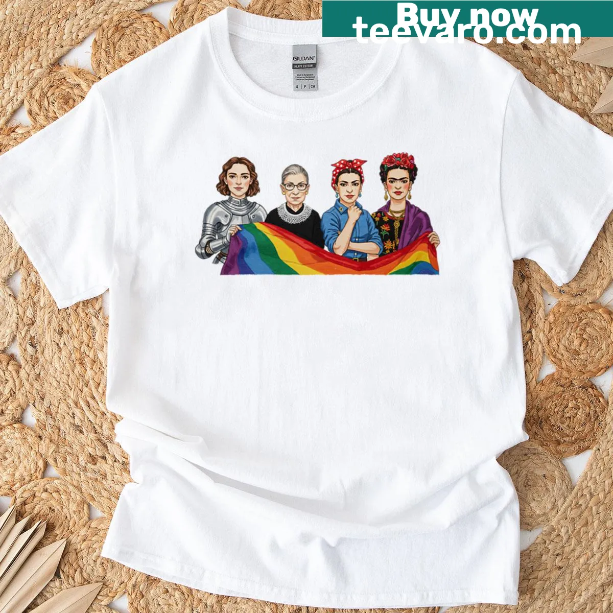 T-shirt featuring illustrations of iconic women in history — on a men's t-shirt