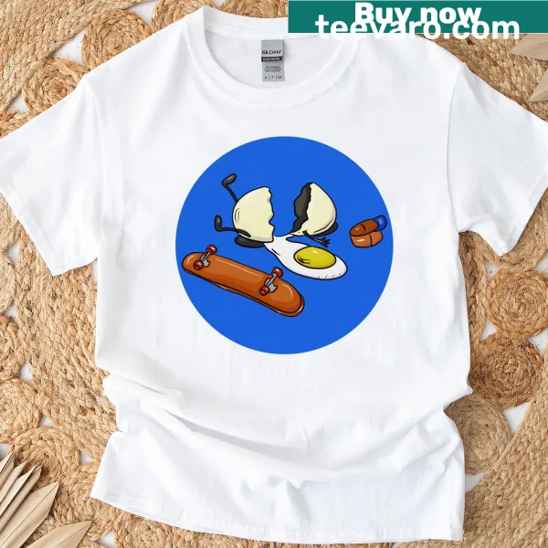 Playful T-shirt featuring a fried egg on a skateboard with a cool cap