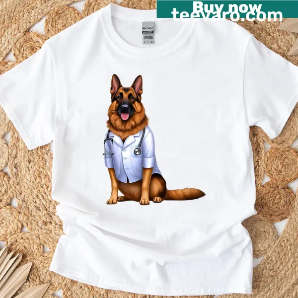 Cute T-shirt featuring a German Shepherd dressed as a doctor for dog lovers