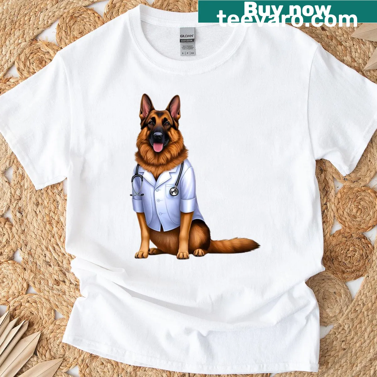 Cute T-shirt featuring a German Shepherd dressed as a doctor for dog lovers — on a men's t-shirt