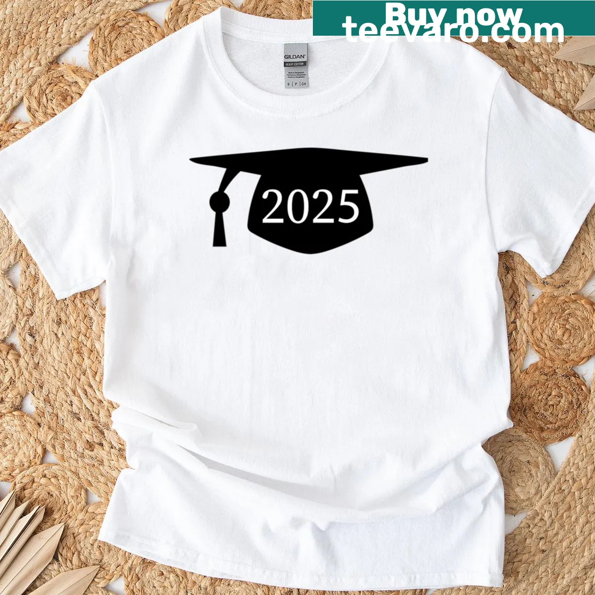 Minimalist Grad Hat 2025 clip art design on t-shirt — on a men's t-shirt