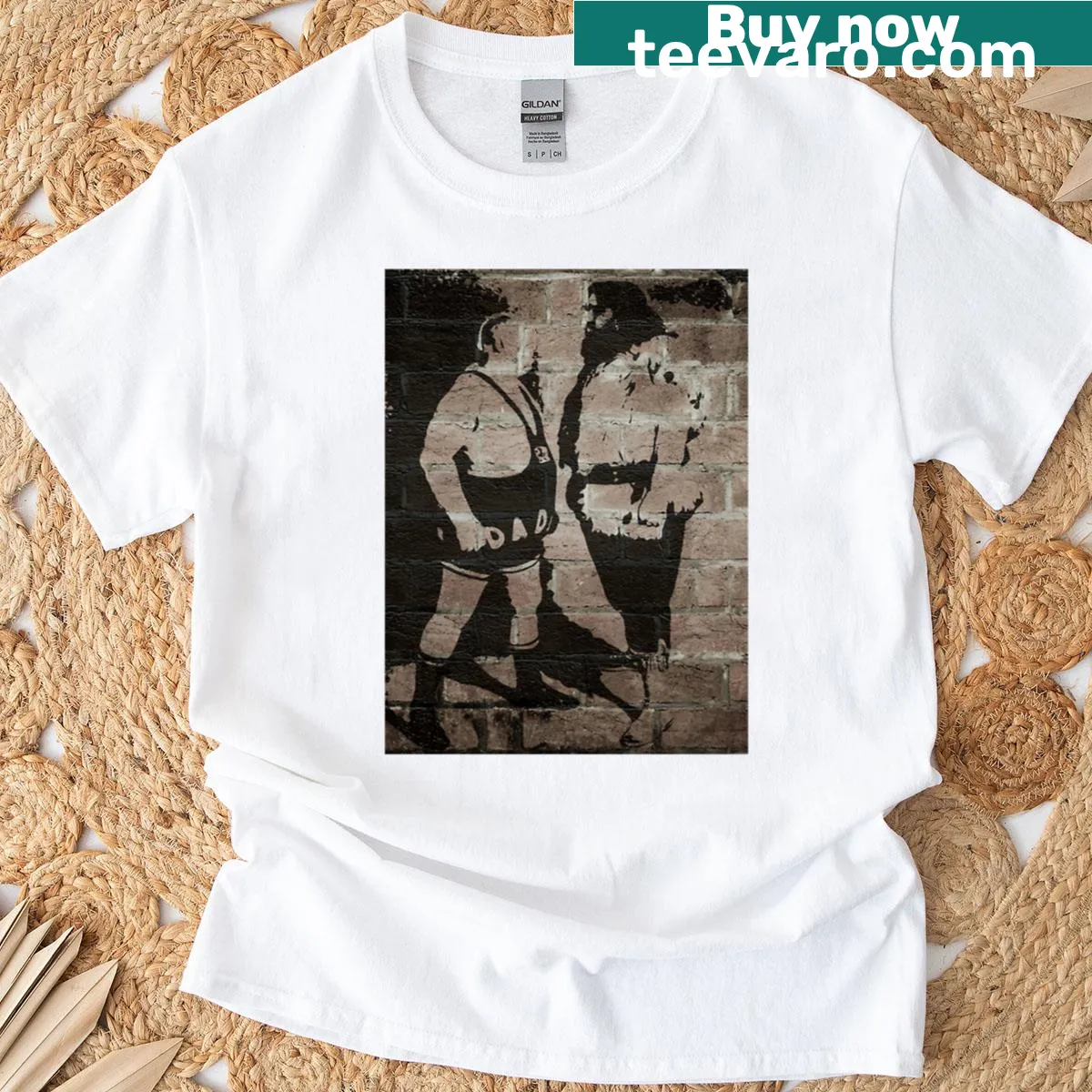 Fitted T-shirt featuring graffiti art of a whimsical tea time scene — on a men's t-shirt
