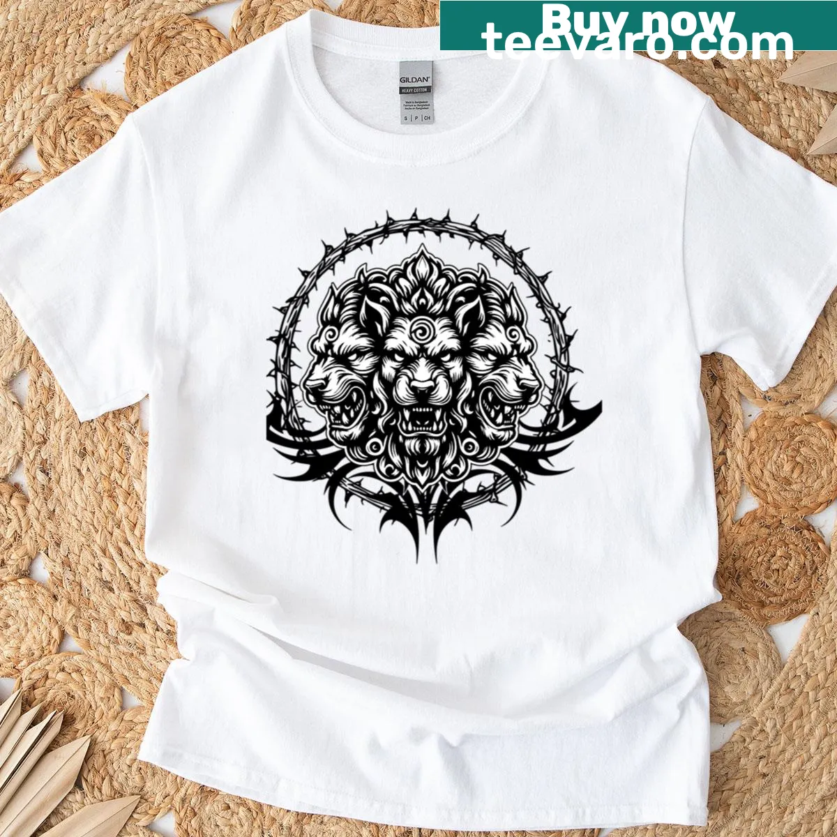 Illustrated T-shirt featuring a guardian representing three souls — on a men's t-shirt