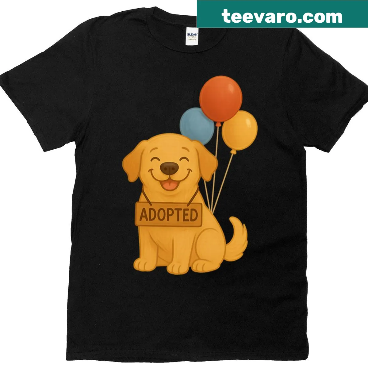 Cute illustration of a happy adopted Labrador Retriever with balloons — on a men's t-shirt
