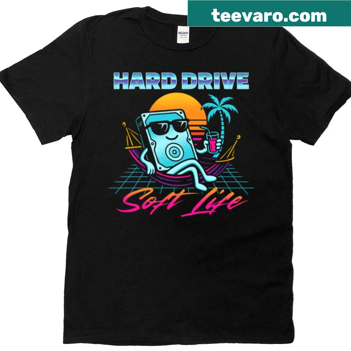 Playful typography t-shirt with 'Hard Drive - Soft Life' — on a men's t-shirt