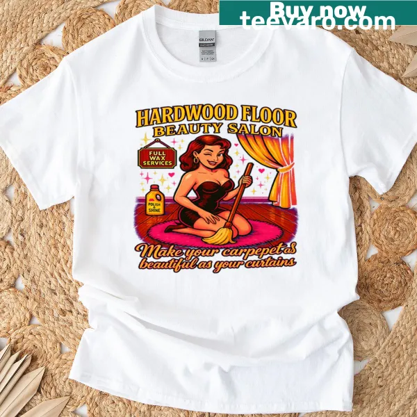 Retro T-shirt featuring a humorous pin-up graphic in a salon setting