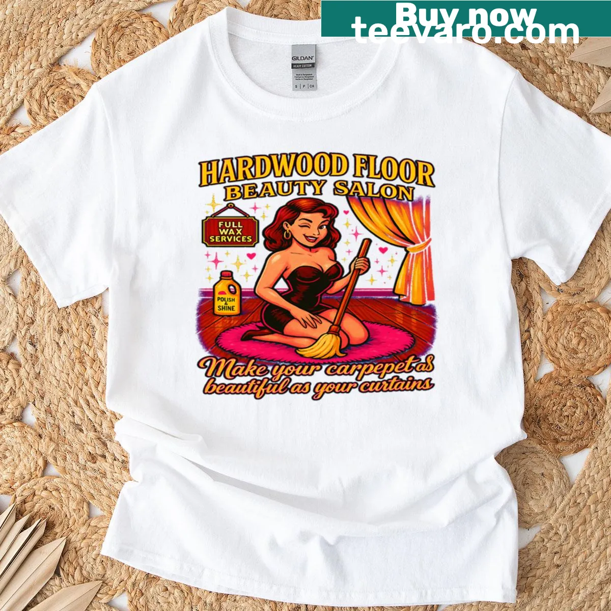 Retro T-shirt featuring a humorous pin-up graphic in a salon setting — on a men's t-shirt