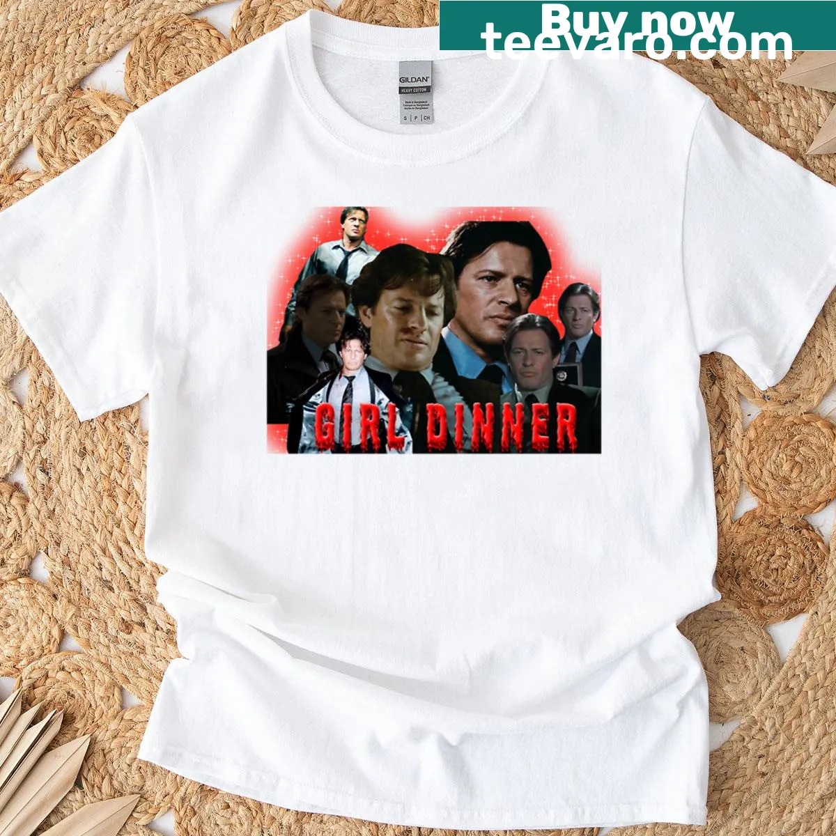 Illustrated t-shirt featuring Hoffman Girl Dinner theme — on a men's t-shirt
