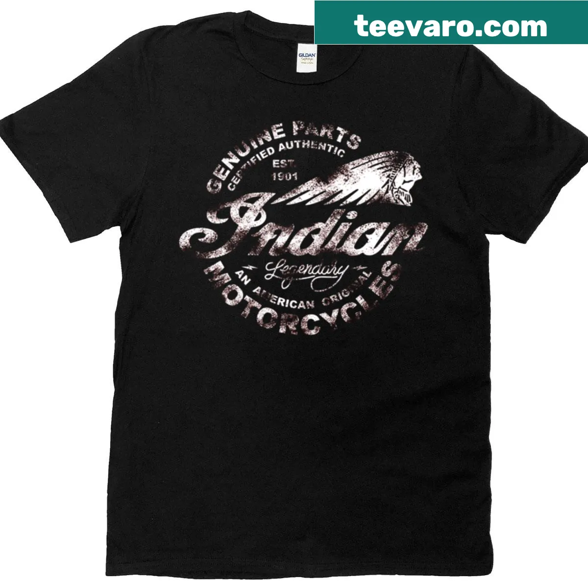 Vintage-style Indian Motorcycles t-shirt with classic signage design — on a men's t-shirt